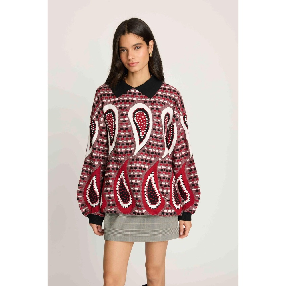 French‎ Mauve Antropologie Paisley Sweater Womens XS Red Black Collared Jacquard